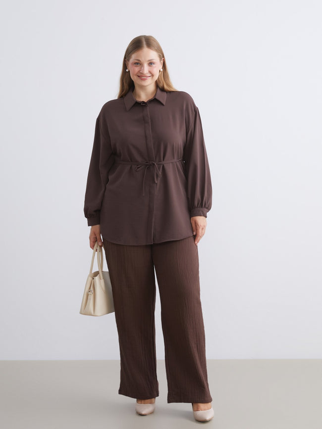 LCW Modest Brown Oversize Women Shirt Tunic Hover Image