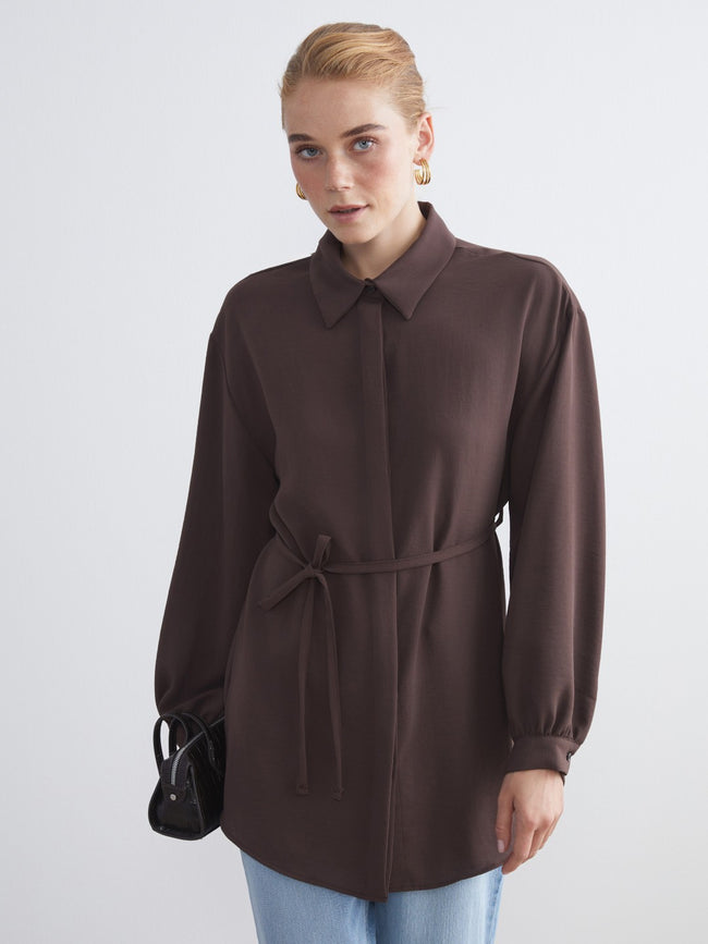 LCW Modest Brown Oversize Women Shirt Tunic Main Image