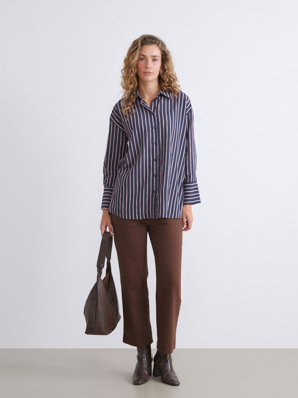 LCW Modest Navy Blue Striped Oversize Women Shirt Tunic