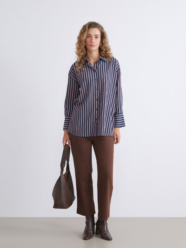 LCW Modest Navy Blue Striped Oversize Women Shirt Tunic Main Image
