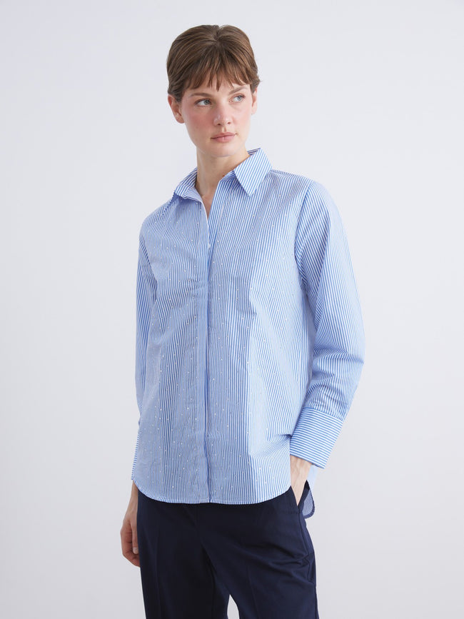 LCW Classic Blue Shiny Stone Poplin Women Shirt Hover Image
