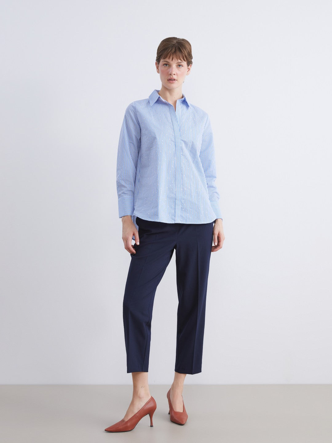 LCW Classic Blue Shiny Stone Poplin Women Shirt