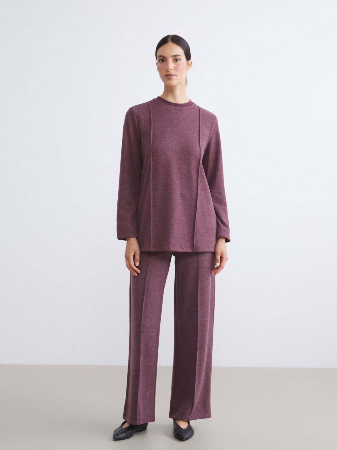 LCW Modest Burgundy Plus Size Elastic Waist Wide Leg Women Trousers