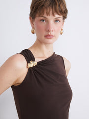 LCW Classic Brown Boat Neck Gathered Blouse