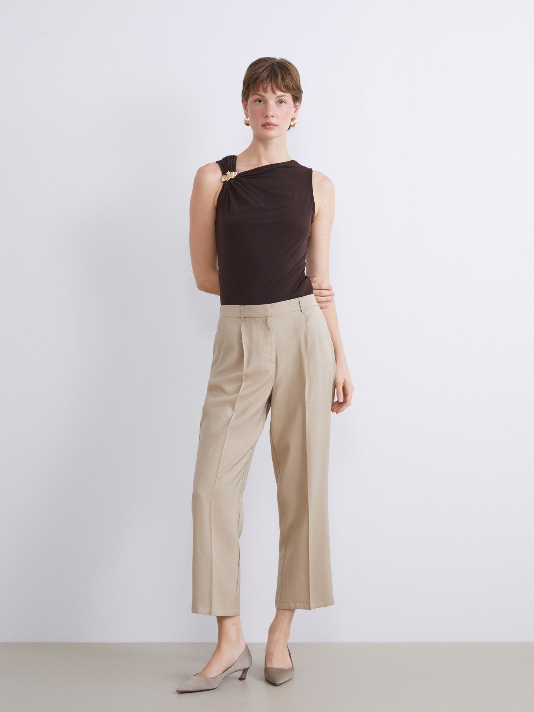 LCW Classic Brown Boat Neck Gathered Blouse