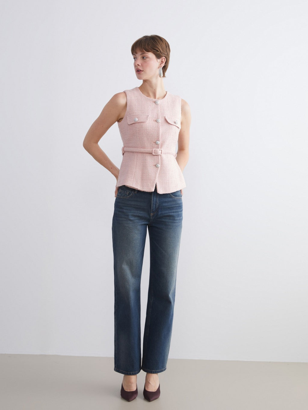 LCW Classic Pink Crew Neck Women Tweed Vest