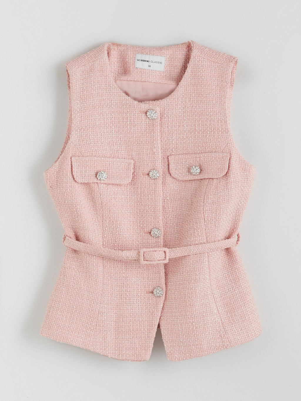 LCW Classic Pink Crew Neck Women Tweed Vest