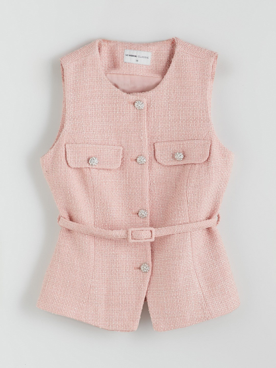 LCW Classic Pink Crew Neck Women Tweed Vest