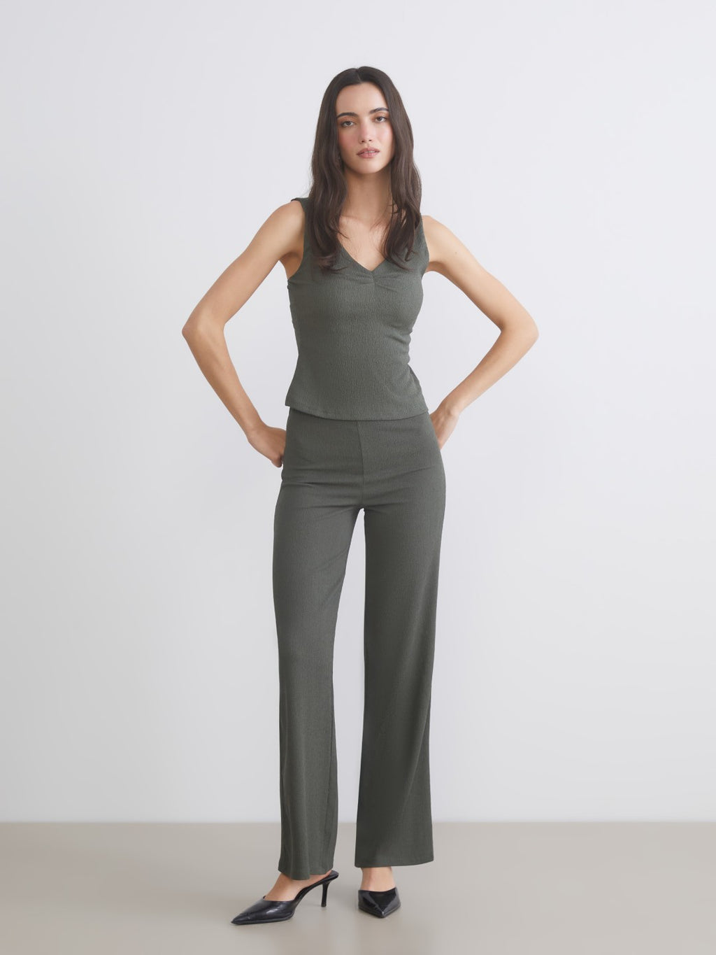 LCW Vision Elasticated Waist Textured Wide Leg Women Trousers