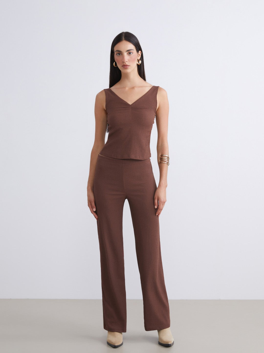 LCW Vision Elasticated Waist Textured Wide Leg Women Trousers