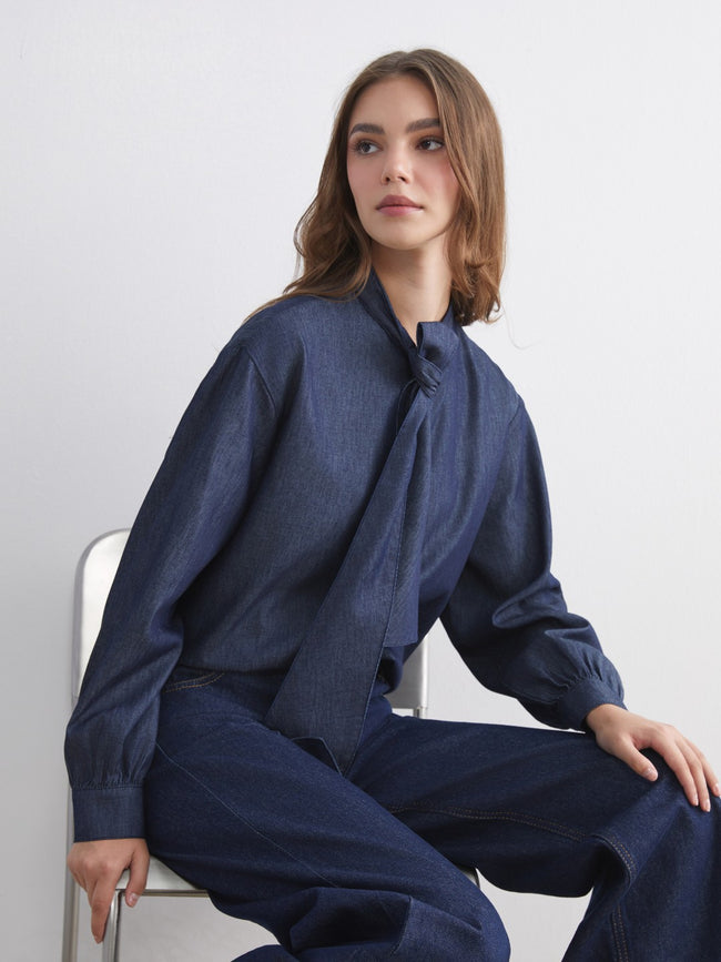 LCW Modest Tie Neck Women Denim Shirt Hover Image