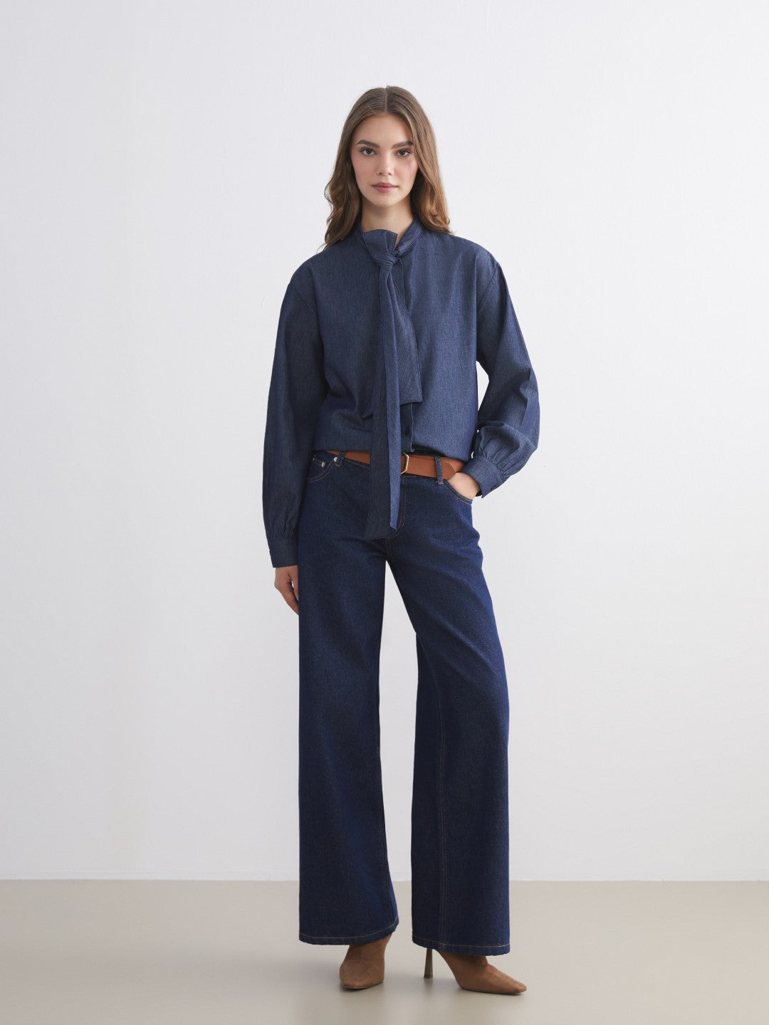 LCW Modest Tie Neck Women Denim Shirt