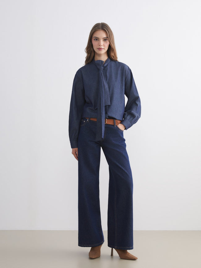 LCW Modest Tie Neck Women Denim Shirt Main Image