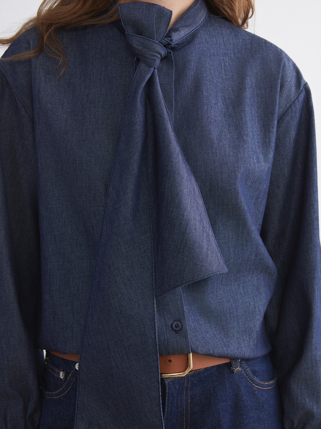 LCW Modest Tie Neck Women Denim Shirt