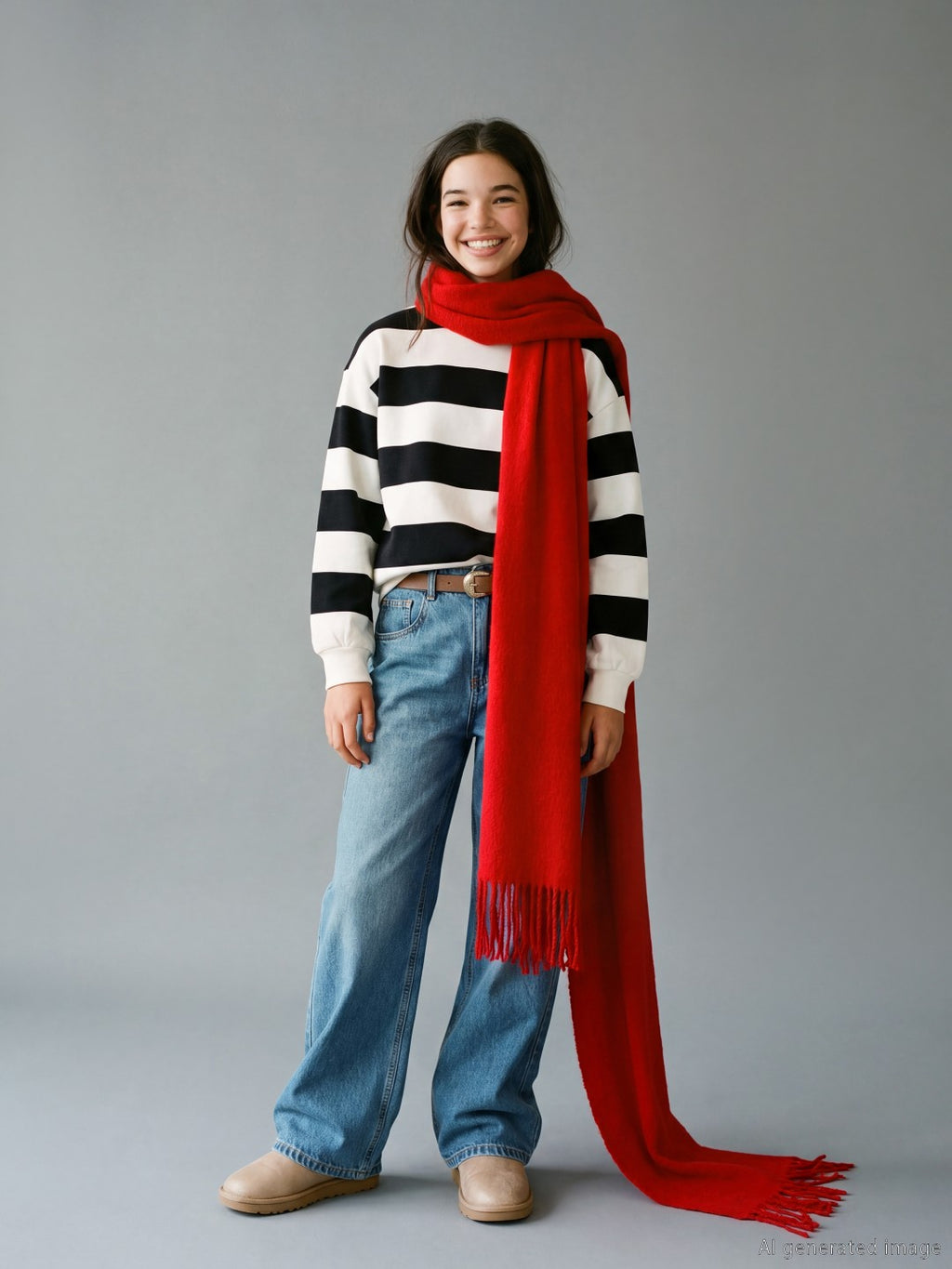 LCW Kids Crew Neck Striped Girls Thick Sweatshirt