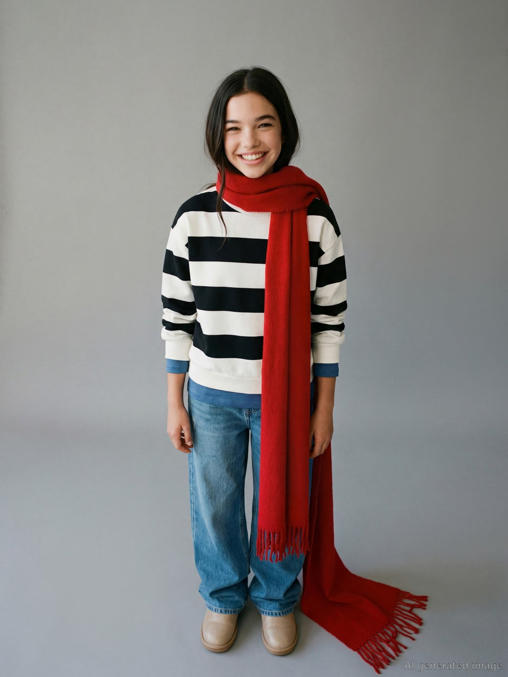 LCW Kids Crew Neck Striped Girls Thick Sweatshirt