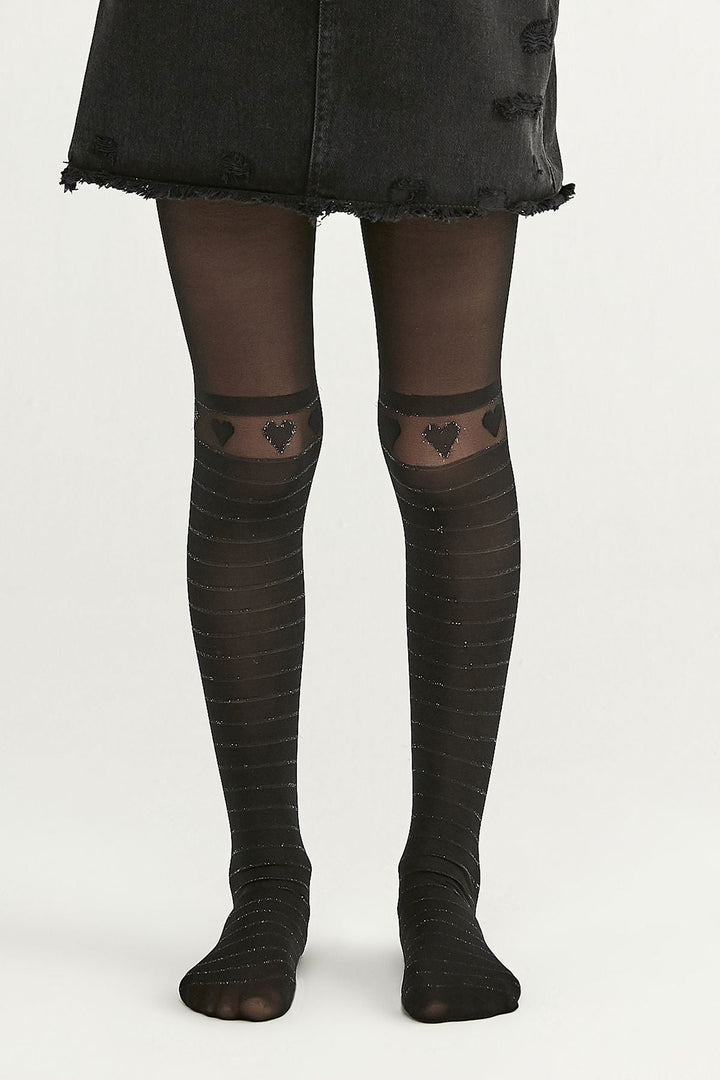 Black Pretty Sılver Hearts Lıne Tights