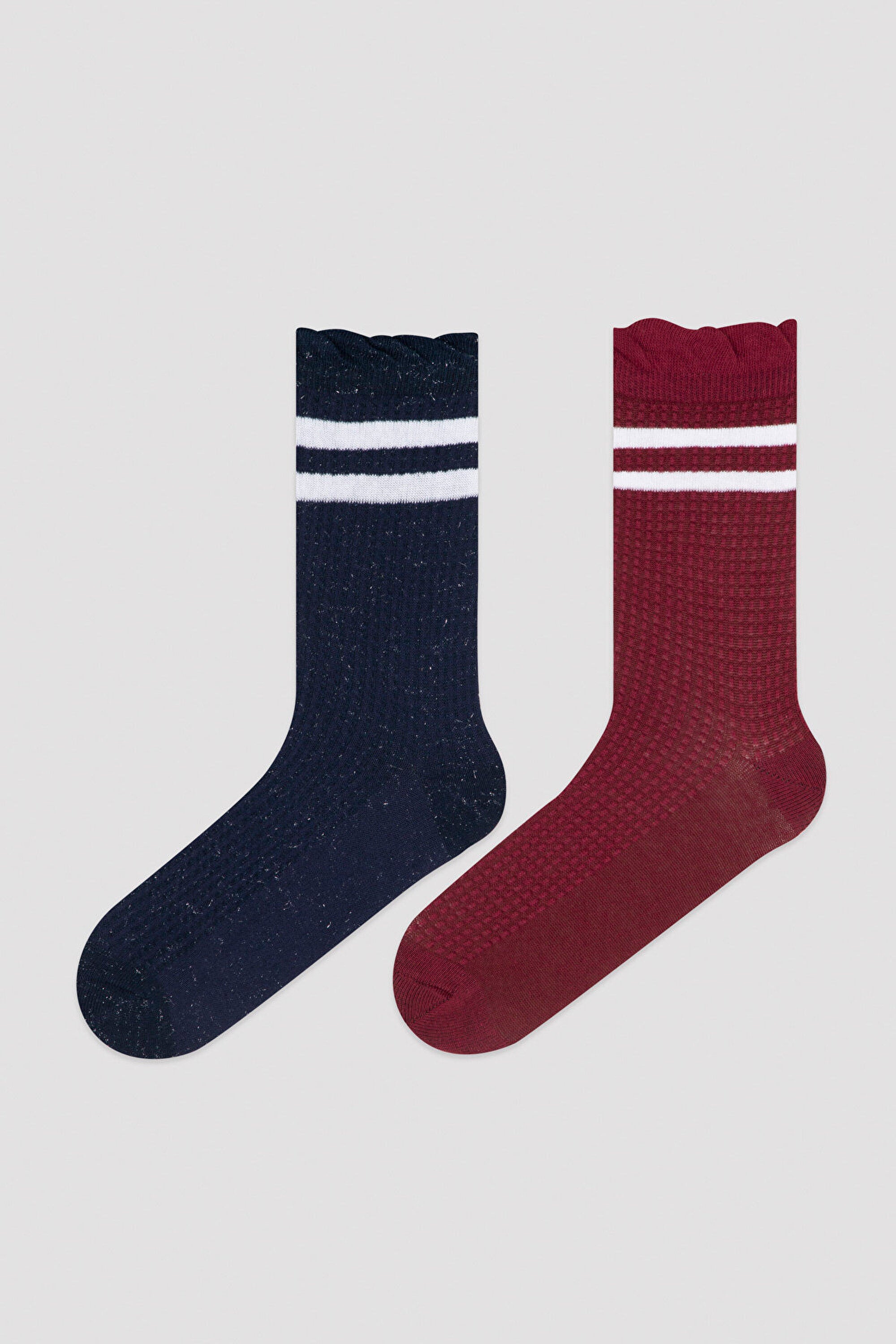 Navy - Burgundy Beyaz Line Simli 2In1 Soket Socks