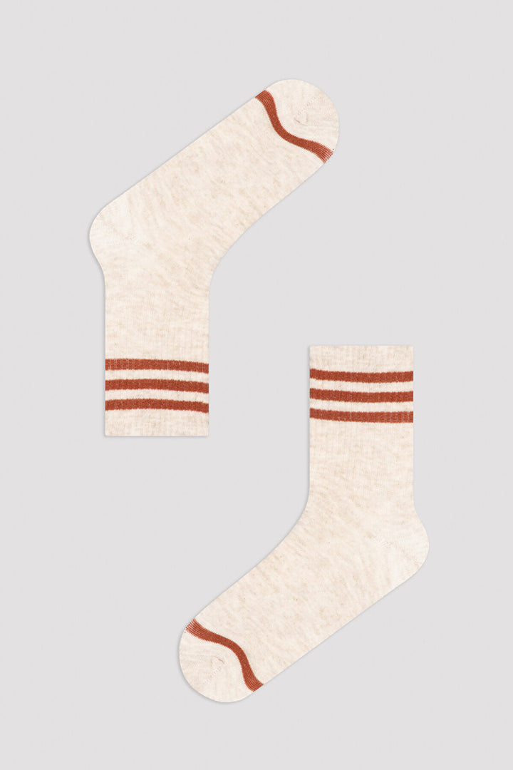 Beige Triple Stripe 2In1 Soket Socks
