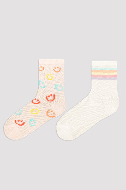 Girls Stripe Smiley Face 2In1 Socks Hover Image