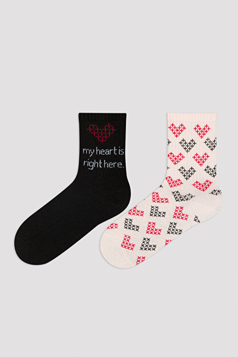 Girls Black Hearts 2In1 Socks Hover Image