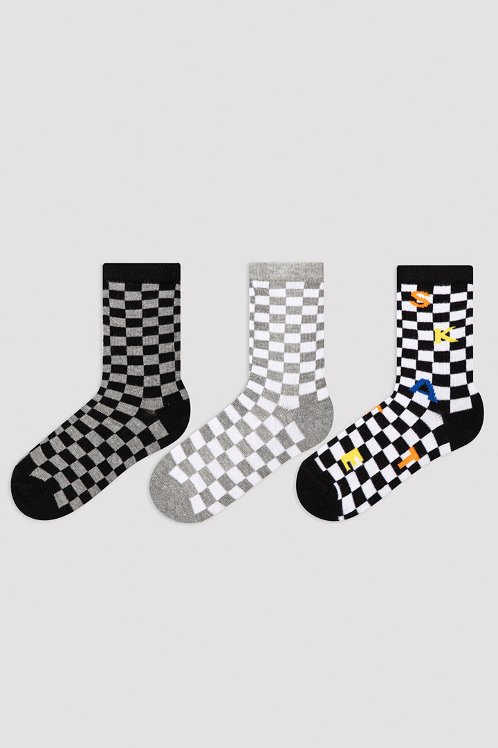 Multi Colour Boys Skate Checked 3In1 Soket Socks