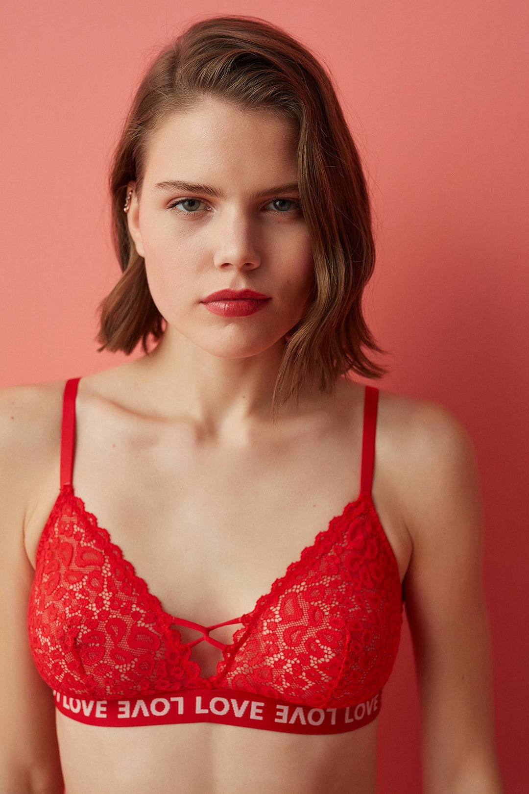 Red Triangle Love Banded Lace Bra