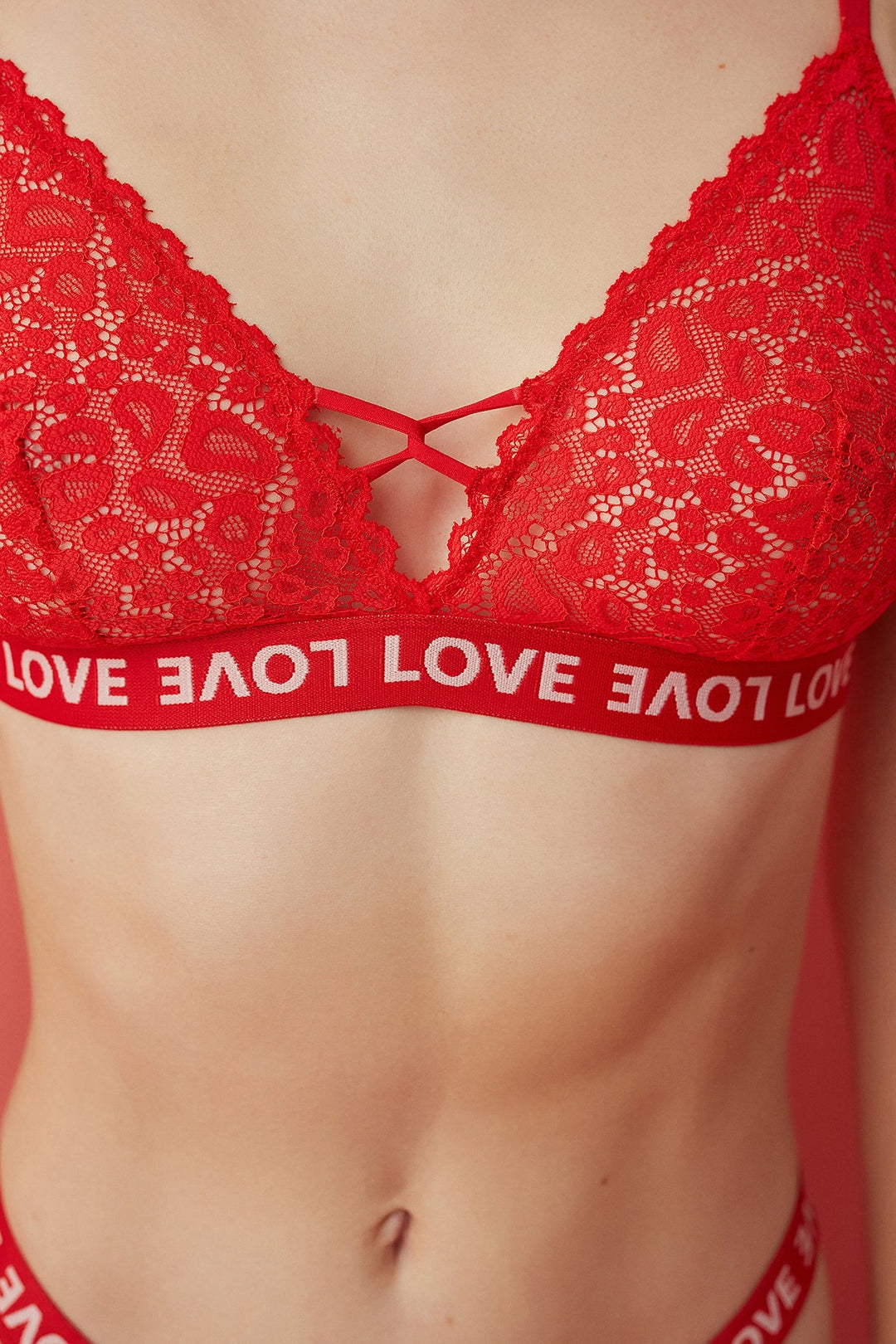 Red Triangle Love Banded Lace Bra