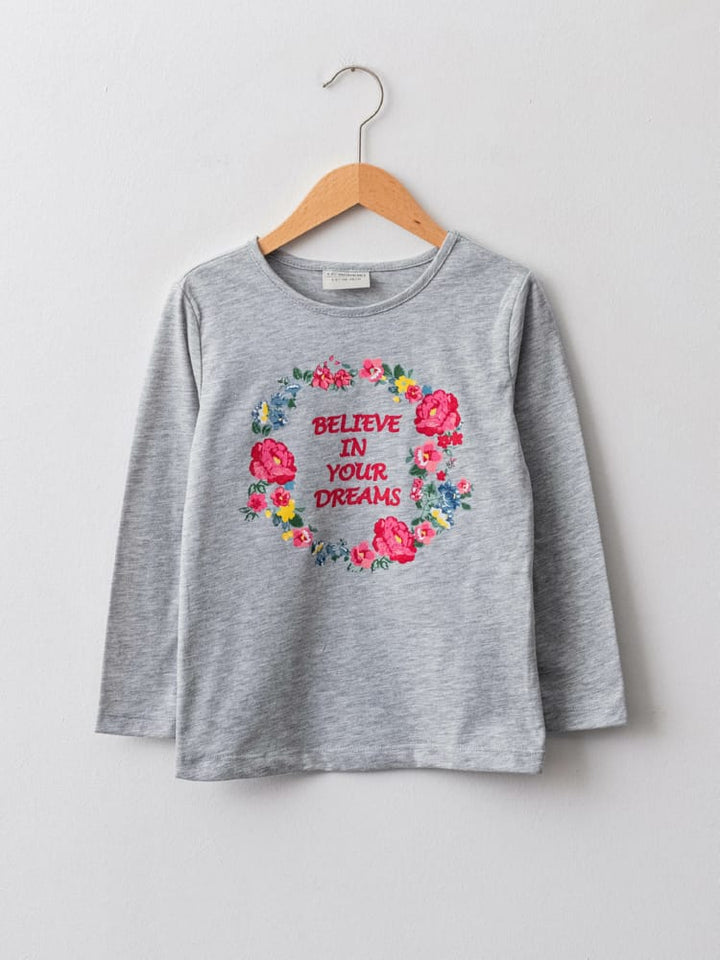 Grey Melange Colored T-Shirt For Kids Girls