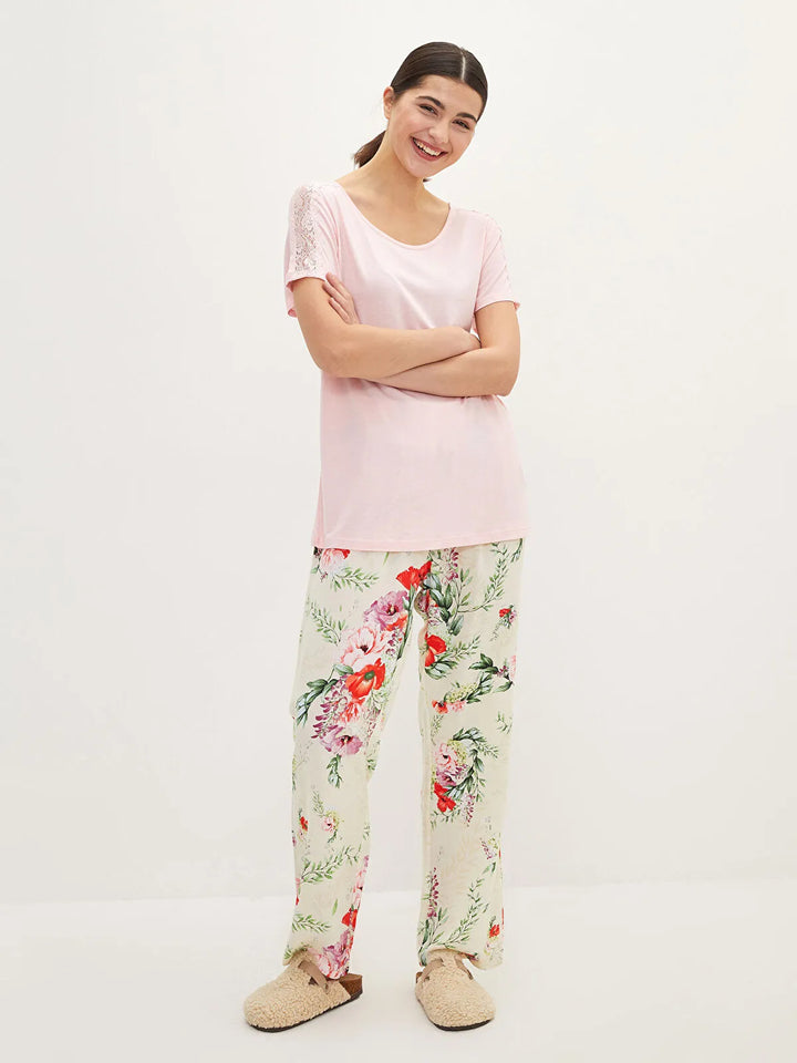 LCW Dream Crew Neck Floral Short Sleeve Women Pajamas Set