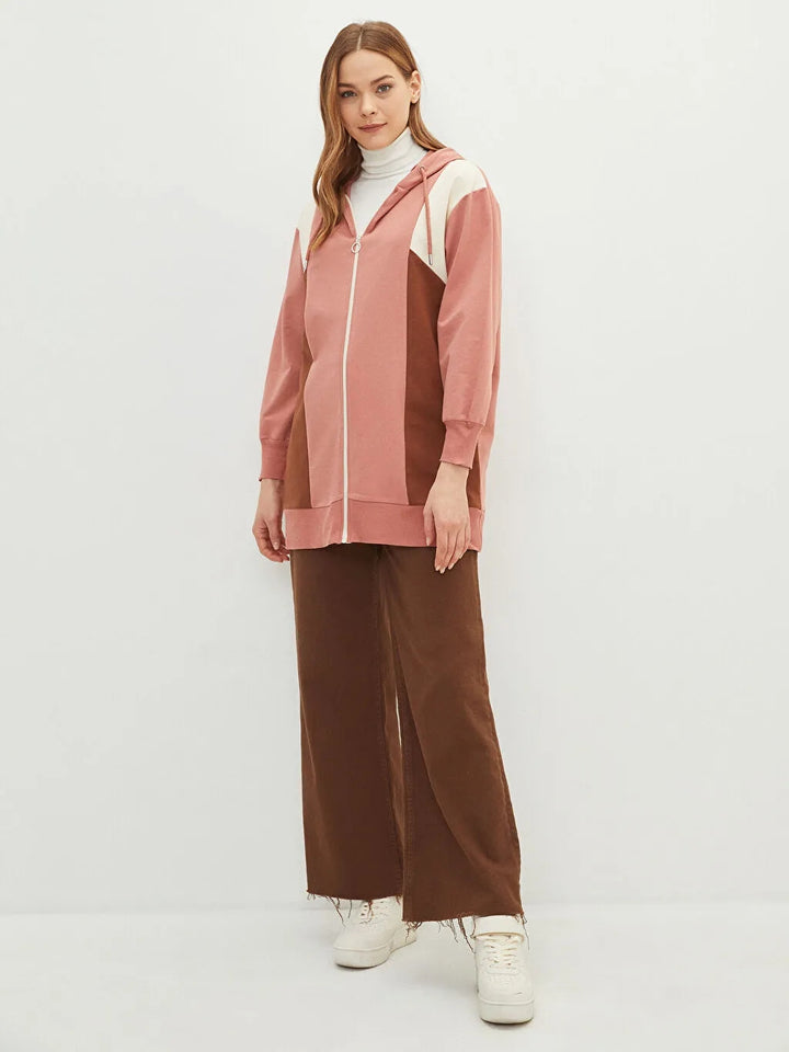 Modest Hooded Color Block Long Sleeve Oversize Women Sports Cardigan