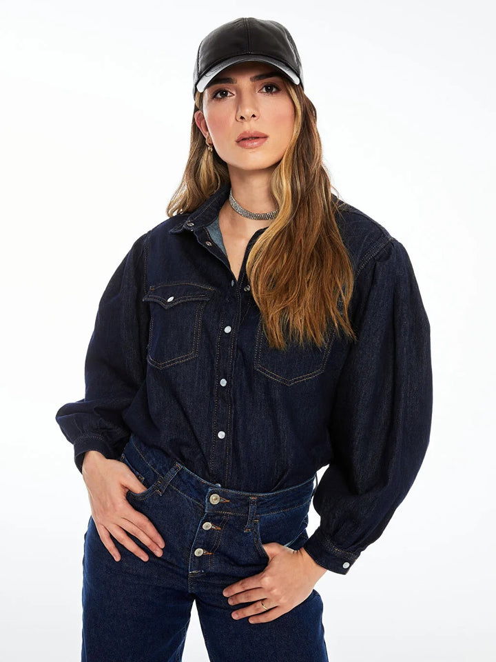 Front Button Closure Straight Long Sleeve Women Jean Jacket