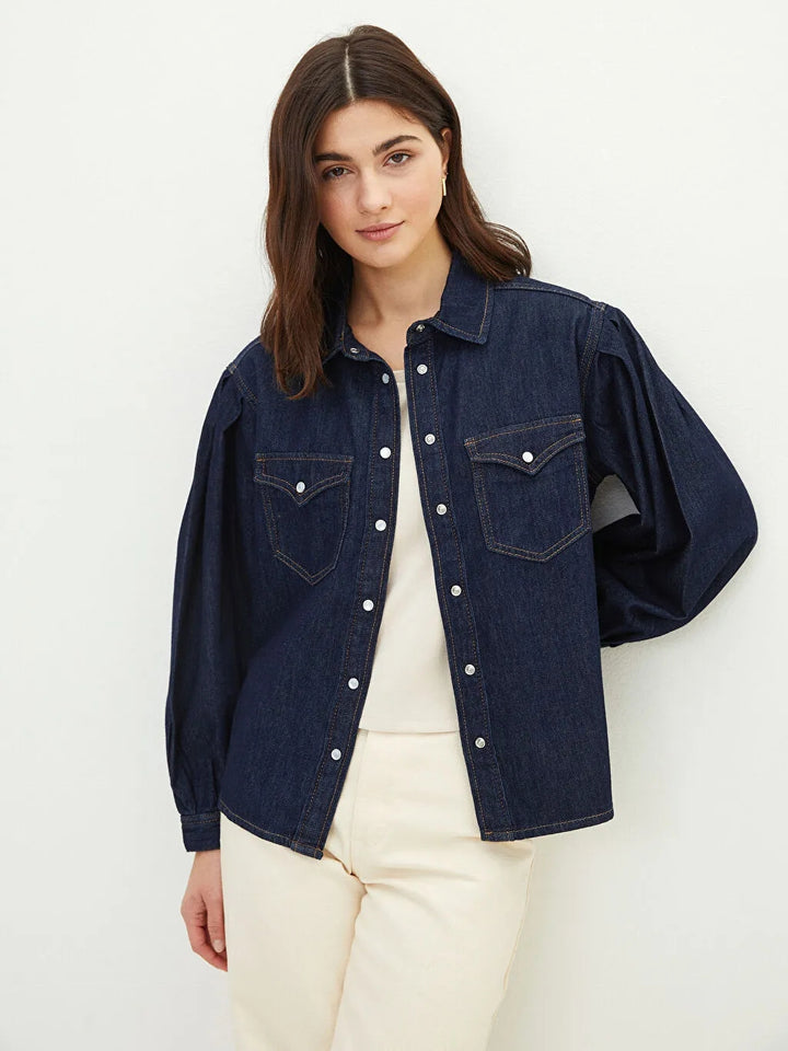 Front Button Closure Straight Long Sleeve Women Jean Jacket