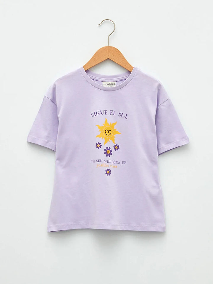 Crew Neck Printed Short Sleeve Cotton Girls' T-Shirt