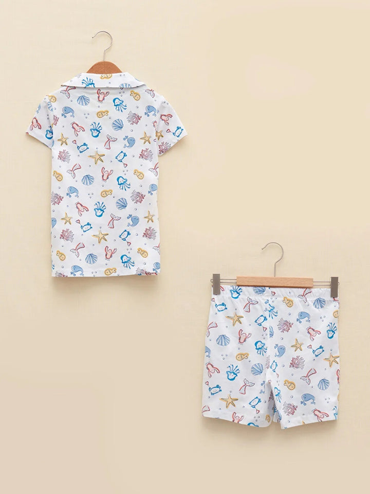 Shirt Collar Printed Short Sleeve Organic Cotton Girls Shorts Pajamas Set
