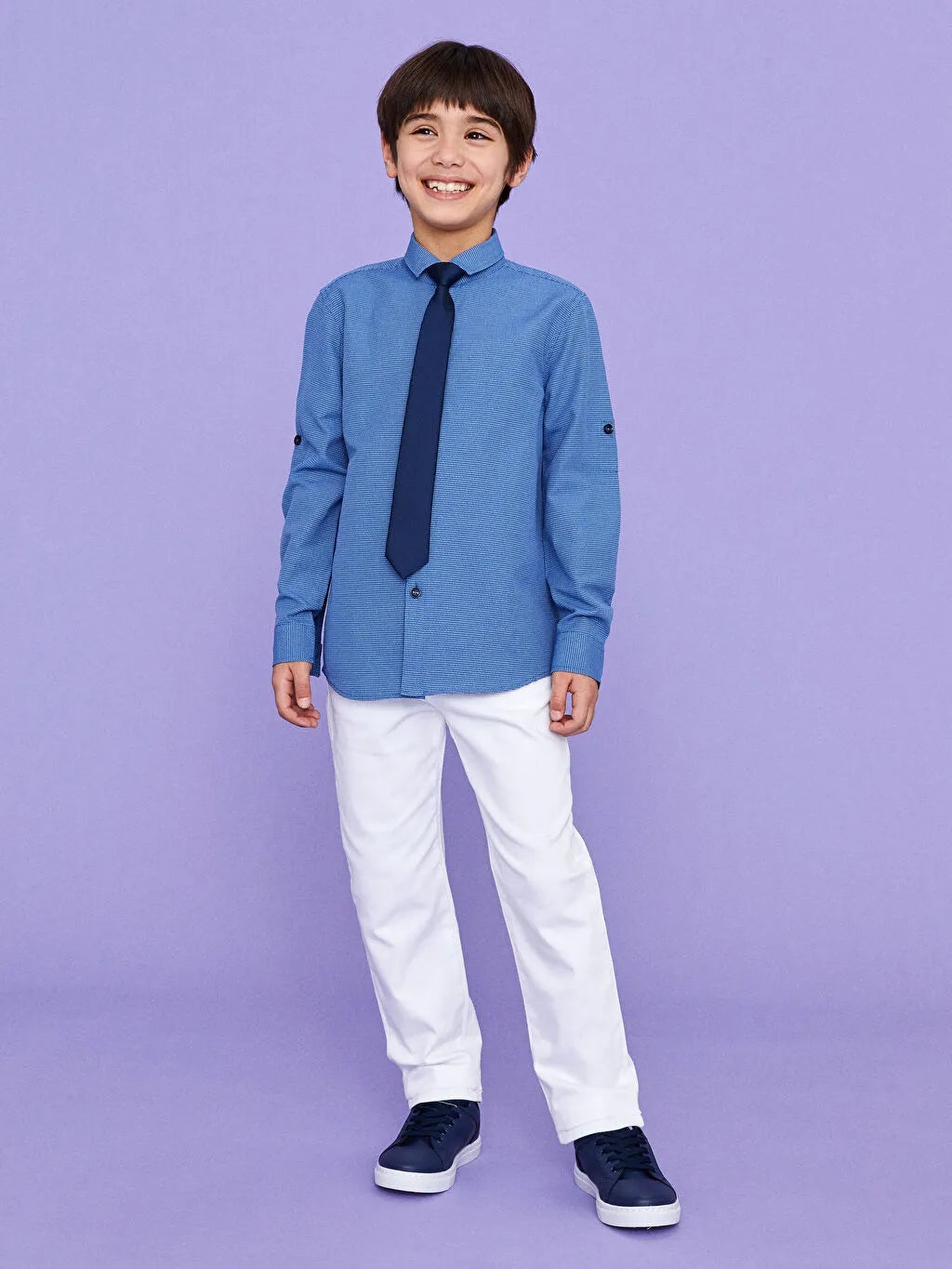 Self Patterned Long Sleeve Boy Shirt And Tie