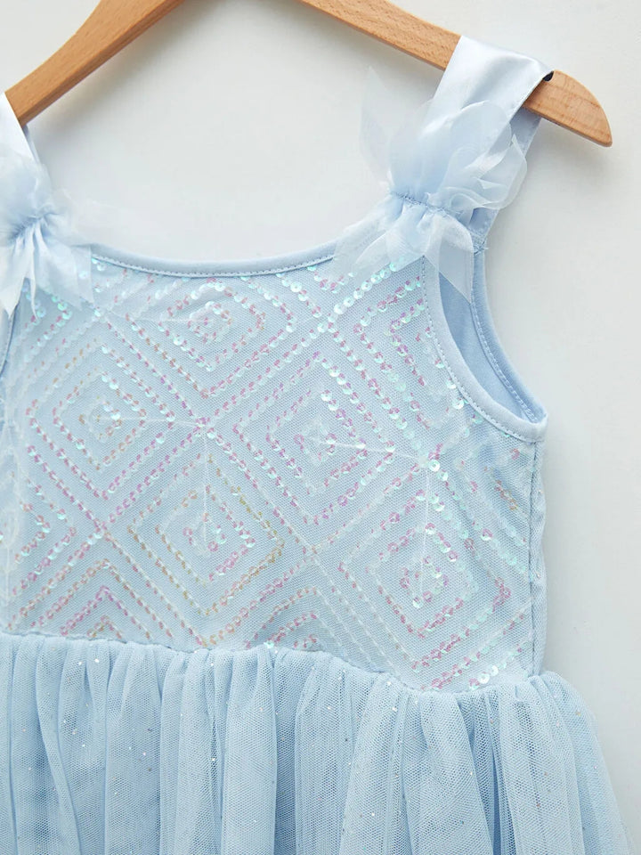 Square Collar Sequin Embroidered Girl Dress