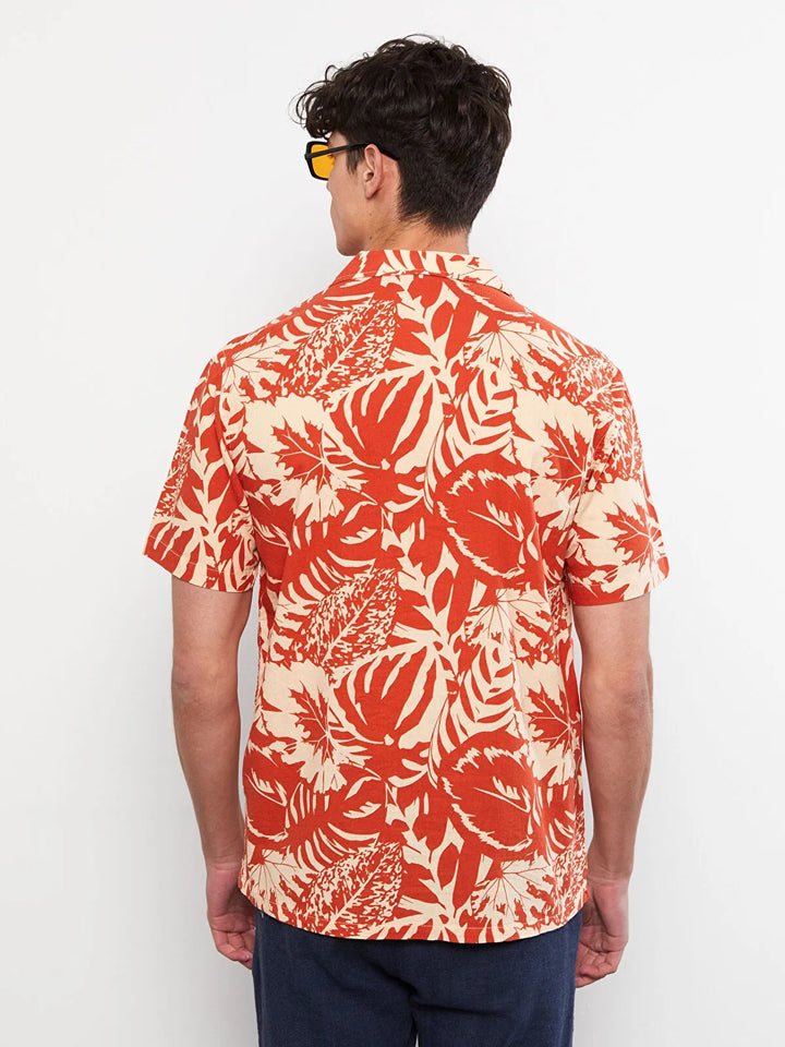 Regular Fit Resort Collar Short Sleeve Patterned Poplin Men Shirt