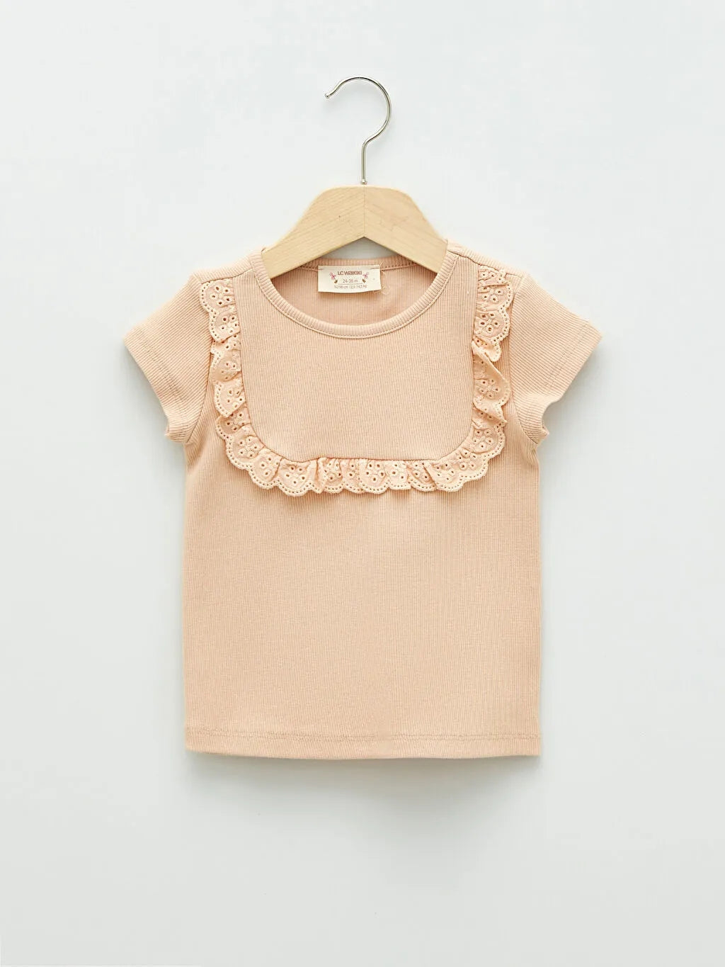 Crew Neck Scalloped Detailed Short Sleeve Cotton Baby Girl T-Shirt