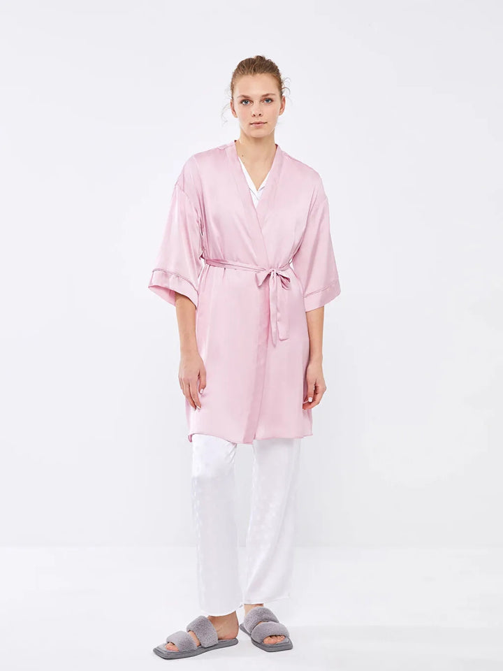 LCW Dream Double Breasted Collar Printed Lacing Detailed Satin Women Dressing Gown