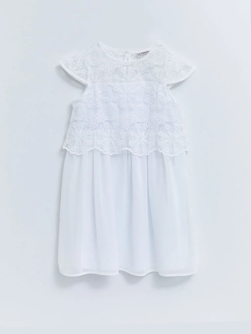 Crew Neck Embroidery Detailed Short Sleeve Girls Dress