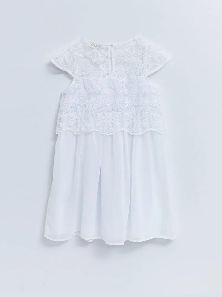 Crew Neck Embroidery Detailed Short Sleeve Girls Dress