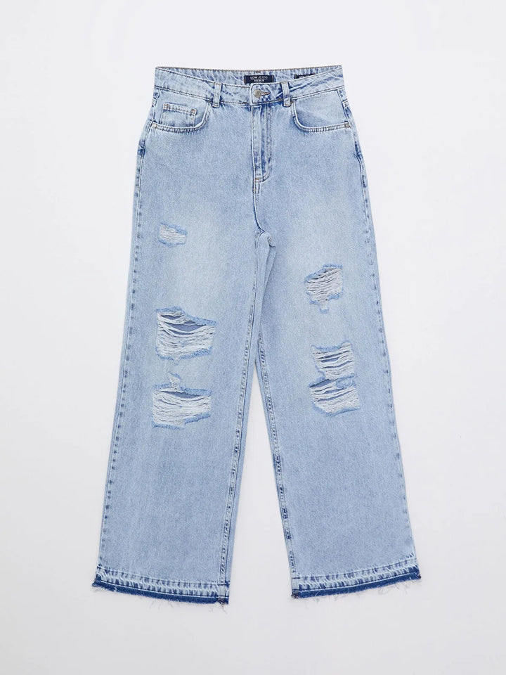 Women High Waist Wideleg Straight Pocket Detailed Jean Trousers