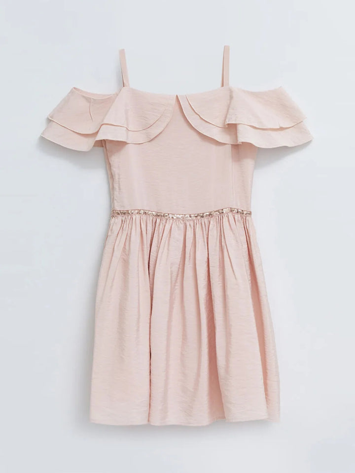 Square Neckline Sequin Embroidered Short Sleeve Off-The-Shoulder Dress For Girls