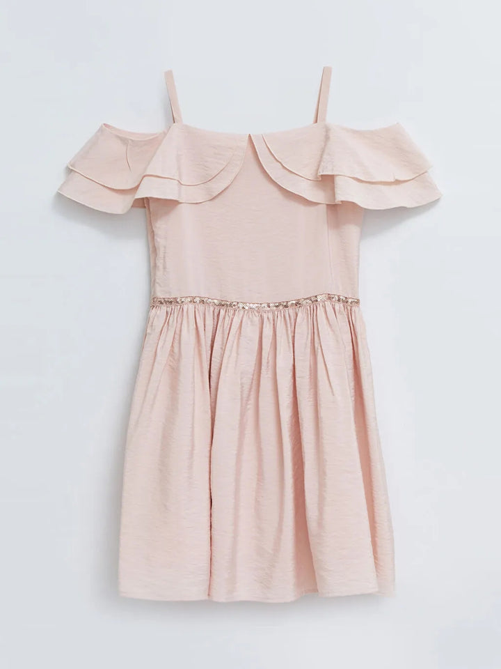 Square Neckline Sequin Embroidered Short Sleeve Off-The-Shoulder Dress For Girls