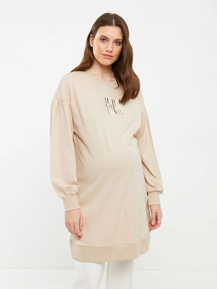 Crew Neck Printed Long Sleeve Cotton Maternity Tunic