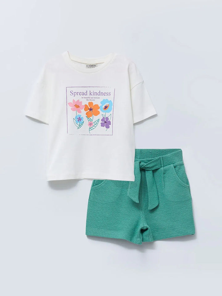 Crew Neck Printed Short Sleeve Girls T-Shirt And Shorts