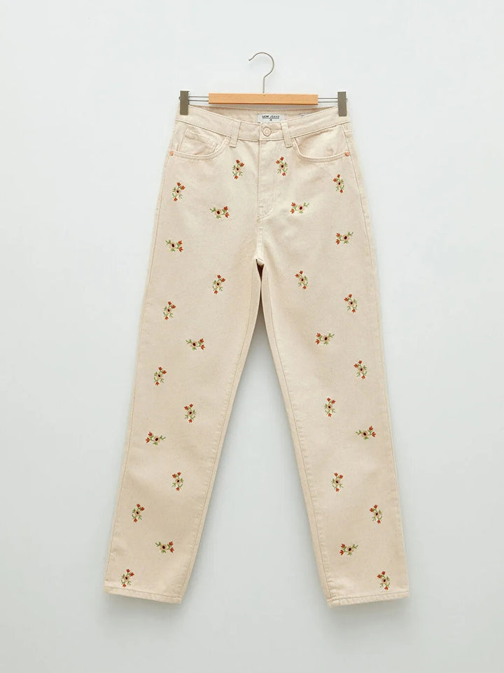High Waist Standard Fit Embroidered Pocket Detailed Women Jean Trousers