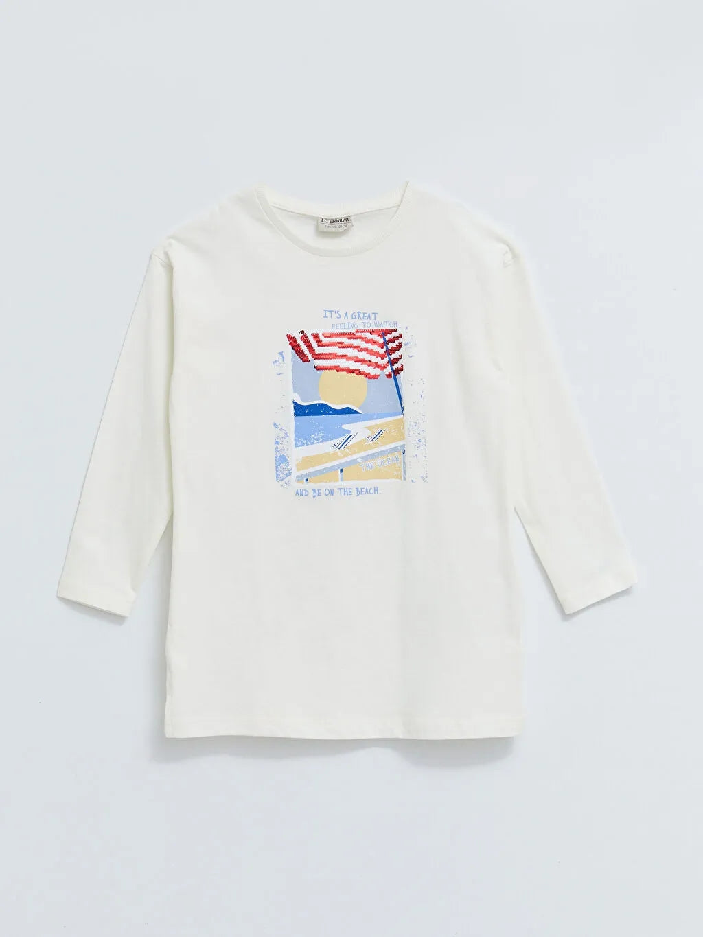 Crew Neck Printed Sequins Embroidered Long Sleeve Cotton Girls' Tunic