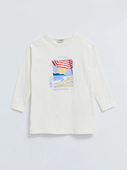Crew Neck Printed Sequins Embroidered Long Sleeve Cotton Girls' Tunic